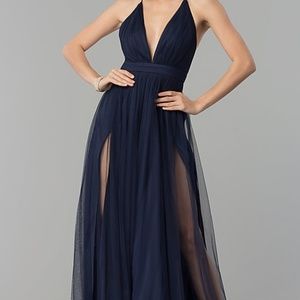 Long Tulle Formal Prom Dress with Low V-Neck